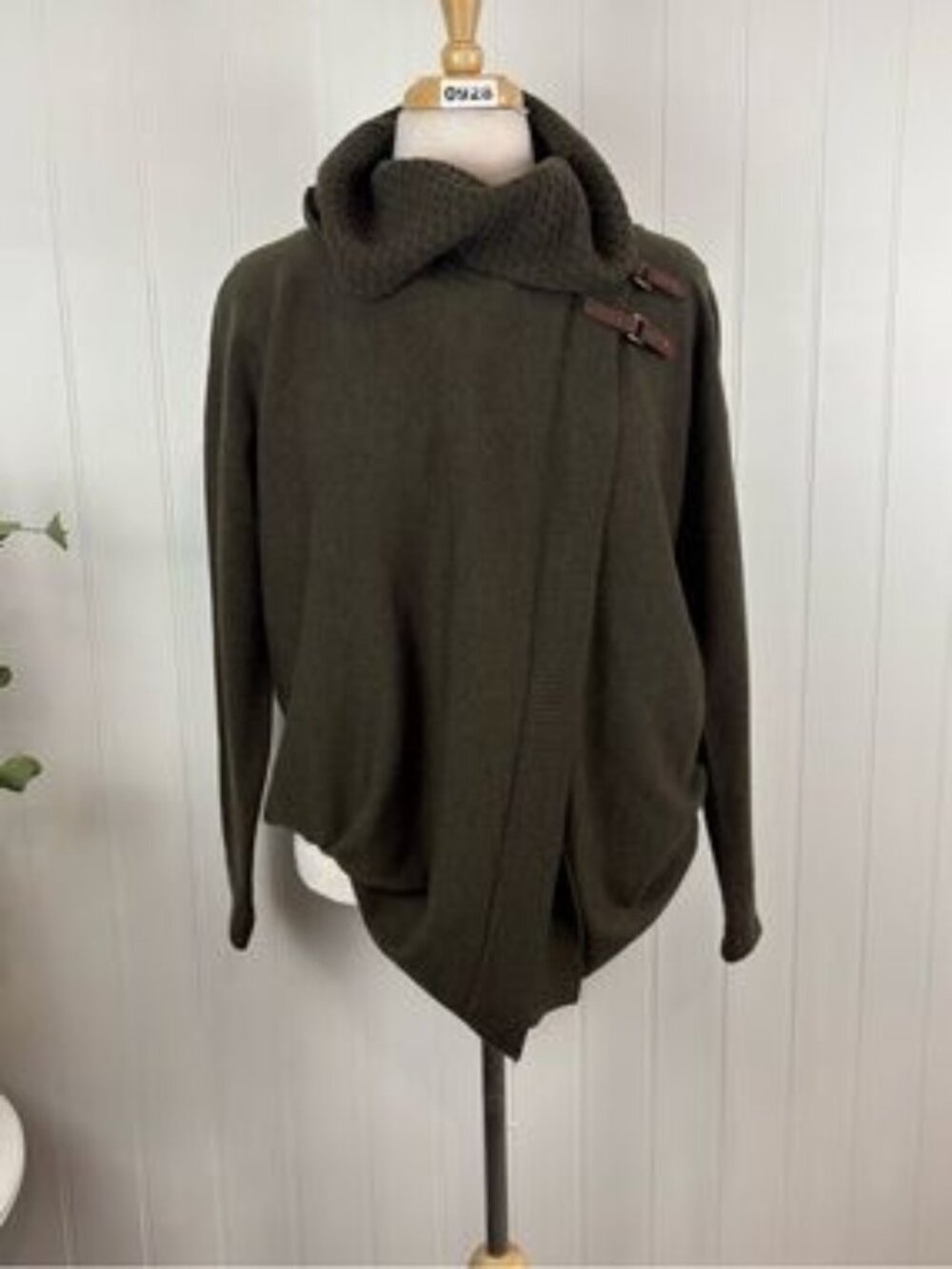 Merino Wool Wrap Turtleneck Sweater Olive Asymmetrical Minimalist Buckle Cozy